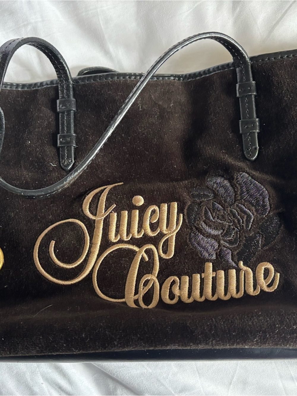 Juicy Couture Black Velvet Tote with Gold Script Logo